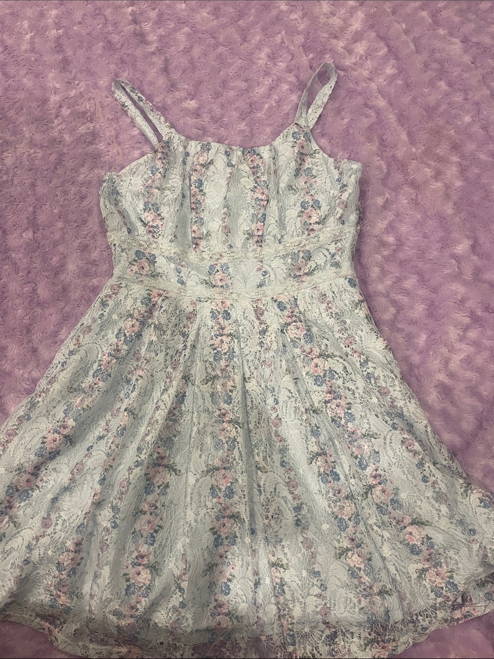 Knitworks Lace Floral Fit-and-Flare Dress in Light Blue and Pink